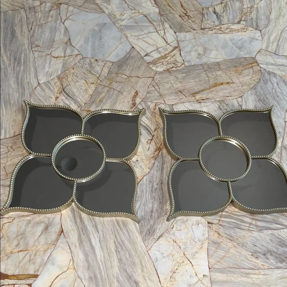 Elegant Black and Silver Decor Glass Mirror Flower Shaped Wall Set of 2